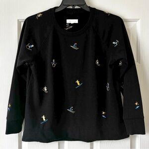 Lou & Grey for LOFT Cozy Embroidered Skiers Cotton Blend Black Pullover Sweater